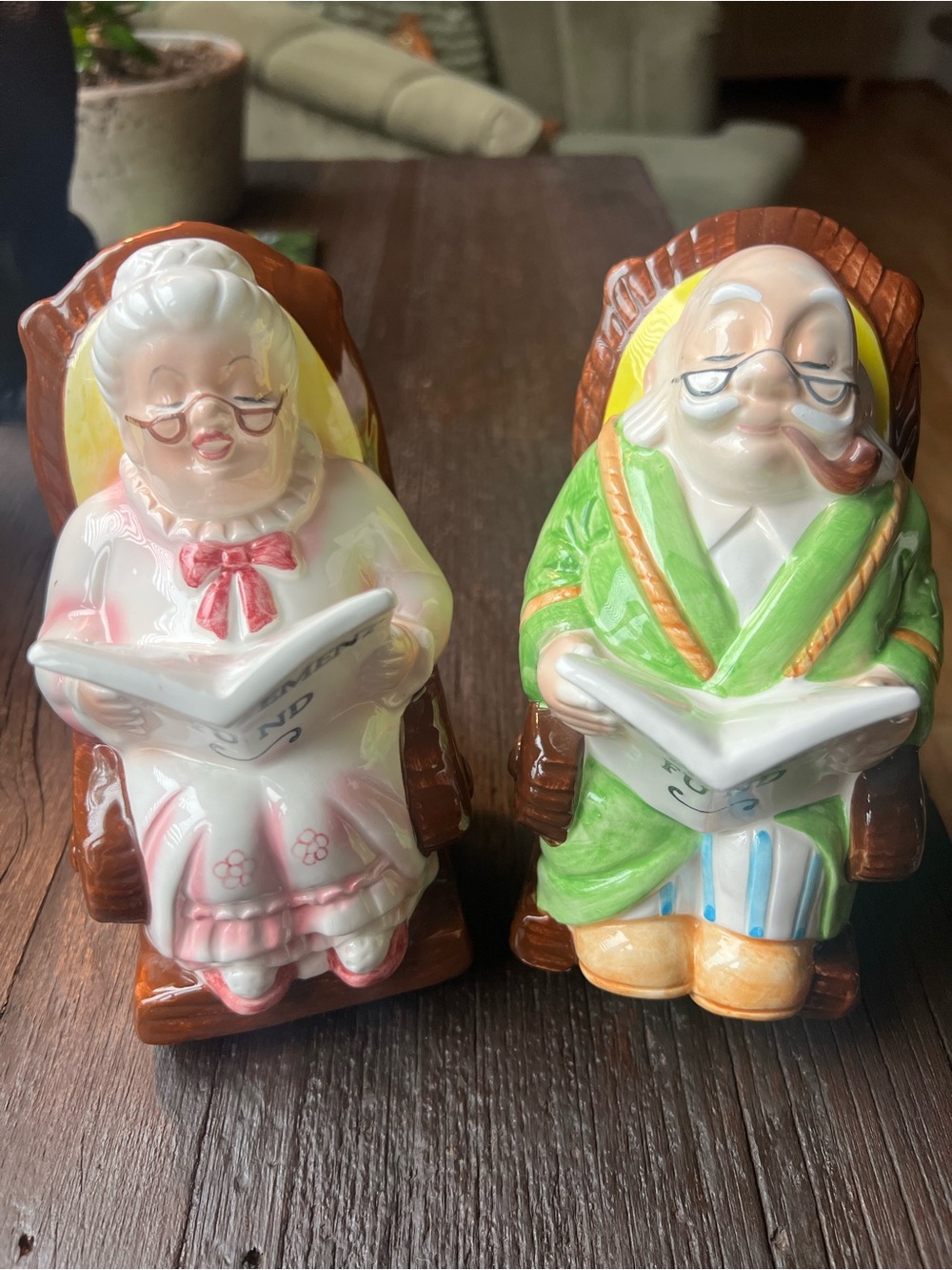 Vintage Lefton Retirement Fund Coin Banks Grandma Grandpa Rocking Chair Couple